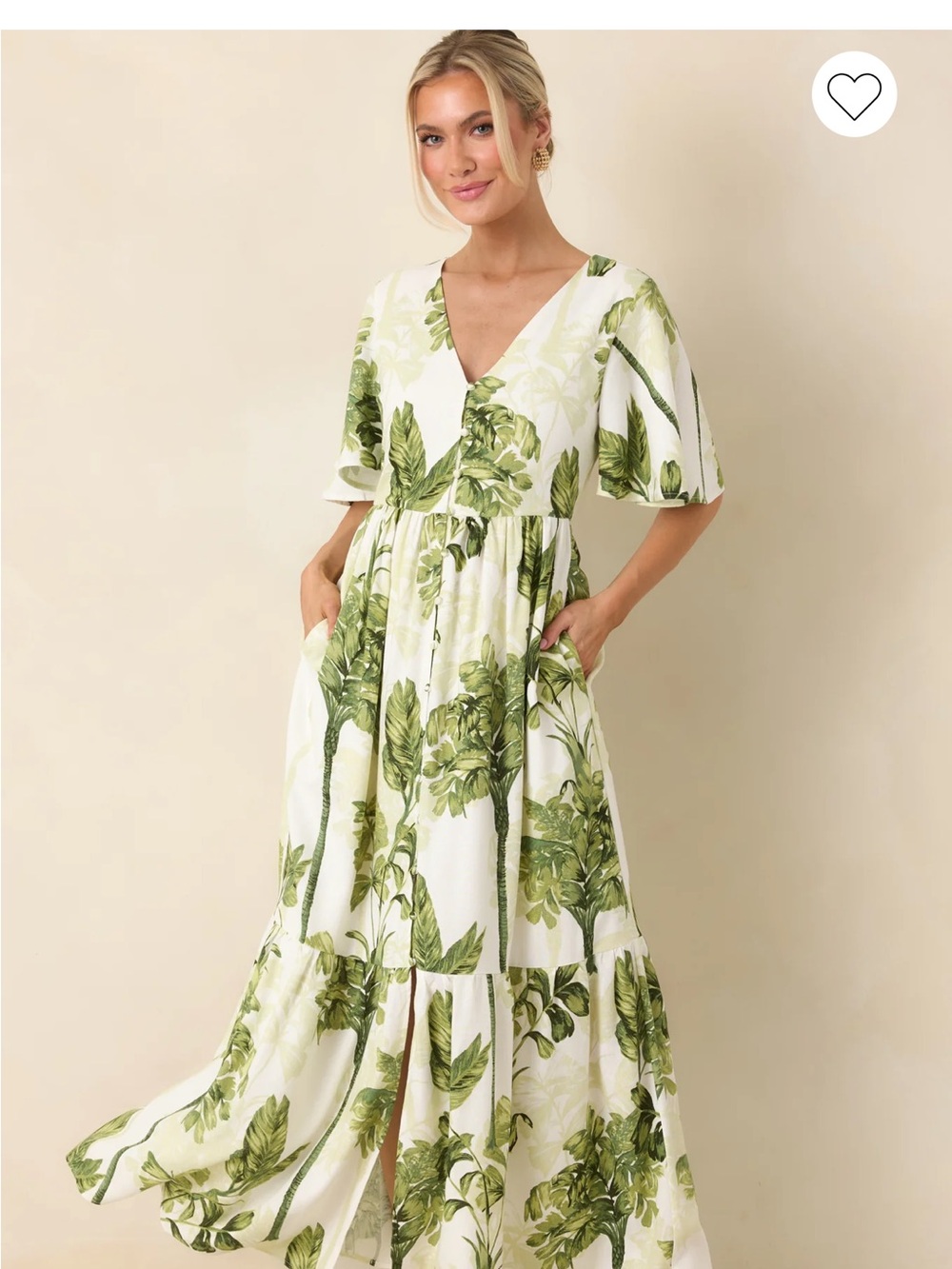 Sugarlips White Maxi Dress with Green Leaf Print
